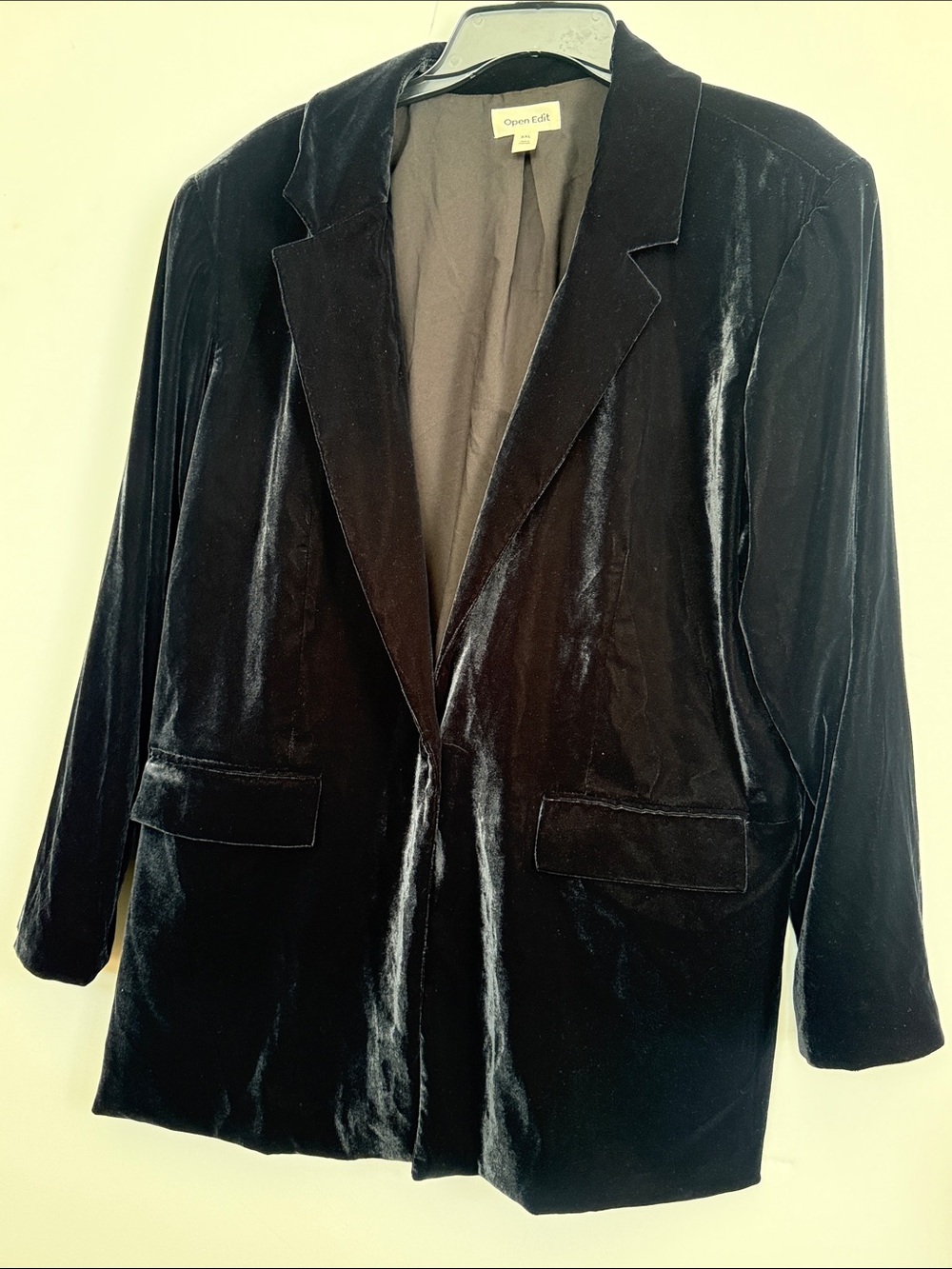 Open Edit Black Velvet Single-Button Blazer